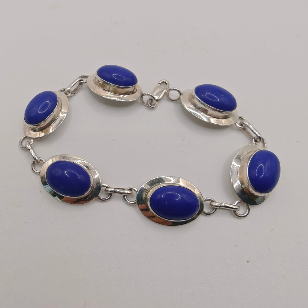Vintage Sterling Silver Lapis Lazuli Oval Cabochon Link Bracelet 925 15.5g 7.5in
